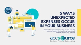 Business forecast works only when you can evaluate
what can happen. Here are 5 ways unexpected
expenses occur in your business
5 WAYS
UNEXPECTED
EXPENSES OCCUR
IN YOUR BUSINESS
 