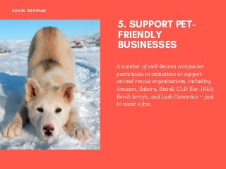 ADAM CROMAN
5. SUPPORT PET-
FRIENDLY
BUSINESSES
A number of well-known companies
participate in initiatives to support
animal rescue organizations, including
Amazon, Subaru, Bissell, CLIF Bar, IKEA,
Ben & Jerry’s, and Lush Cosmetics — just
to name a few.
 