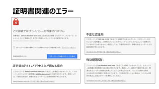 証明書関連のエラー
証明書のドメインとアクセス先が異なる場合
不正な認証局
有効期限切れ
 