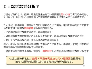 Ⅰ：なぜなぜ分析？
なぜなぜ分析とは、故障・不良を発生させている要因を思いつきで考えるのではな
く「なぜ」「なぜ」と段階を追って規則的に漏れなく出すための分析方法です。
たとえば、設備の同一部品がたびたび壊れるという場合、壊れた部品をただ交換す
るだけでは一時的な応急処置にしかなりません。
・その部品がなぜ故障するのか、寿命なのか？
・過剰な振動や熱影響などのストレスを受けて、寿命より早く故障するのか？
・もしそうであるならば、ストレスの発生源は何か？
など、原因と疑わしき要因を列挙して要因ごとに調査し、不具合（欠陥）があれば
対策を施して問題を解決していきます。
この要因を列挙する過程、つまり「なぜなぜ」と考える過程がなぜなぜ分析です
15
なぜなぜ分析とは、故障・不良を発生させている原因を段階を
追って規則的に漏れなく出すための分析方法です。
 