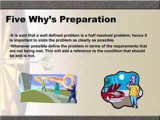Five Why’s Preparation
•It is said that a well defined problem is a half resolved problem; hence it
is important to state the problem as clearly as possible.
•Whenever possible define the problem in terms of the requirements that
are not being met. This will add a reference to the condition that should
be and is not.
 
