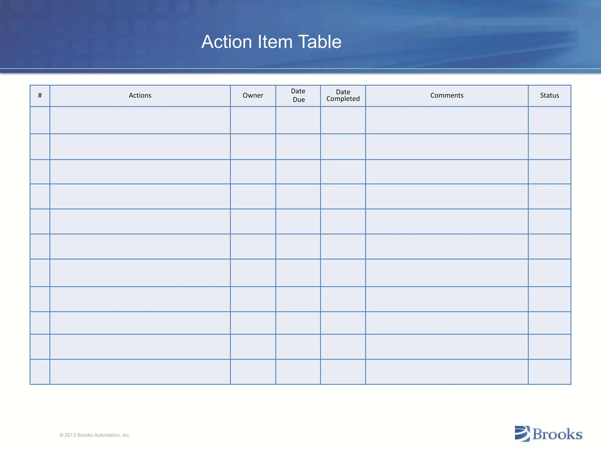 © 2013 Brooks Automation, Inc.
# Actions Owner
Date
Due
Date
Completed Comments Status
Action Item Table
 