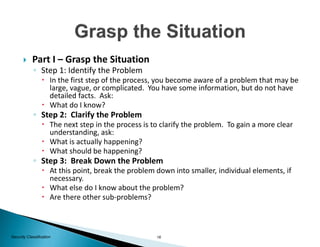 16Security Classification
 Part I – Grasp the Situation
◦ Step 1: Identify the Problem
 In the first step of the process, you become aware of a problem that may be
large, vague, or complicated. You have some information, but do not have
detailed facts. Ask:
 What do I know?
◦ Step 2: Clarify the Problem
 The next step in the process is to clarify the problem. To gain a more clear
understanding, ask:
 What is actually happening?
 What should be happening?
◦ Step 3: Break Down the Problem
 At this point, break the problem down into smaller, individual elements, if
necessary.
 What else do I know about the problem?
 Are there other sub-problems?
 