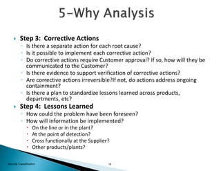 19Security Classification
 Step 3: Corrective Actions
◦ Is there a separate action for each root cause?
◦ Is it possible to implement each corrective action?
◦ Do corrective actions require Customer approval? If so, how will they be
communicated to the Customer?
◦ Is there evidence to support verification of corrective actions?
◦ Are corrective actions irreversible?If not, do actions address ongoing
containment?
◦ Is there a plan to standardize lessons learned across products,
departments, etc?
 Step 4: Lessons Learned
◦ How could the problem have been foreseen?
◦ How will information be implemented?
 On the line or in the plant?
 At the point of detection?
 Cross functionally at the Supplier?
 Other products/plants?
 