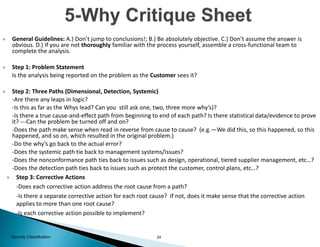 24Security Classification
 General Guidelines: A.) Don’t jump to conclusions!; B.) Be absolutely objective. C.) Don’t assume the answer is
obvious. D.) If you are not thoroughly familiar with the process yourself, assemble a cross-functional team to
complete the analysis.
 Step 1: Problem Statement
Is the analysis being reported on the problem as the Customer sees it?
 Step 2: Three Paths (Dimensional, Detection, Systemic)
-Are there any leaps in logic?
-Is this as far as the Whys lead? Can you still ask one, two, three more why’s)?
-Is there a true cause-and-effect path from beginning to end of each path? Is there statistical data/evidence to prove
it? ---Can the problem be turned off and on?
-Does the path make sense when read in reverse from cause to cause? (e.g.—We did this, so this happened, so this
happened, and so on, which resulted in the original problem.)
-Do the why’s go back to the actual error?
-Does the systemic path tie back to management systems/issues?
-Does the nonconformance path ties back to issues such as design, operational, tiered supplier management, etc…?
-Does the detection path ties back to issues such as protect the customer, control plans, etc…?
 Step 3: Corrective Actions
-Does each corrective action address the root cause from a path?
-Is there a separate corrective action for each root cause? If not, does it make sense that the corrective action
applies to more than one root cause?
-Is each corrective action possible to implement?
 