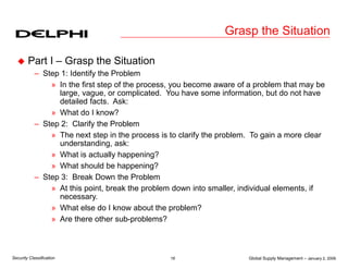 Global Supply Management – January 2, 2006
16
Security Classification
Grasp the Situation
 Part I – Grasp the Situation
– Step 1: Identify the Problem
» In the first step of the process, you become aware of a problem that may be
large, vague, or complicated. You have some information, but do not have
detailed facts. Ask:
» What do I know?
– Step 2: Clarify the Problem
» The next step in the process is to clarify the problem. To gain a more clear
understanding, ask:
» What is actually happening?
» What should be happening?
– Step 3: Break Down the Problem
» At this point, break the problem down into smaller, individual elements, if
necessary.
» What else do I know about the problem?
» Are there other sub-problems?
 