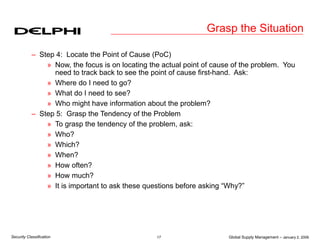 Global Supply Management – January 2, 2006
17
Security Classification
Grasp the Situation
– Step 4: Locate the Point of Cause (PoC)
» Now, the focus is on locating the actual point of cause of the problem. You
need to track back to see the point of cause first-hand. Ask:
» Where do I need to go?
» What do I need to see?
» Who might have information about the problem?
– Step 5: Grasp the Tendency of the Problem
» To grasp the tendency of the problem, ask:
» Who?
» Which?
» When?
» How often?
» How much?
» It is important to ask these questions before asking “Why?”
 