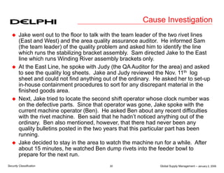 Global Supply Management – January 2, 2006
30
Security Classification
Cause Investigation
 Jake went out to the floor to talk with the team leader of the two rivet lines
(East and West) and the area quality assurance auditor. He informed Sam
(the team leader) of the quality problem and asked him to identify the line
which runs the stabilizing bracket assembly. Sam directed Jake to the East
line which runs Winding River assembly brackets only.
 At the East Line, he spoke with Judy (the QA Auditor for the area) and asked
to see the quality log sheets. Jake and Judy reviewed the Nov. 11th log
sheet and could not find anything out of the ordinary. He asked her to set-up
in-house containment procedures to sort for any discrepant material in the
finished goods area.
 Next, Jake tried to locate the second shift operator whose clock number was
on the defective parts. Since that operator was gone, Jake spoke with the
current machine operator (Ben). He asked Ben about any recent difficulties
with the rivet machine. Ben said that he hadn’t noticed anything out of the
ordinary. Ben also mentioned, however, that there had never been any
quality bulletins posted in the two years that this particular part has been
running.
 Jake decided to stay in the area to watch the machine run for a while. After
about 15 minutes, he watched Ben dump rivets into the feeder bowl to
prepare for the next run.
 