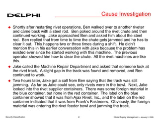 Global Supply Management – January 2, 2006
31
Security Classification
Cause Investigation
 Shortly after restarting rivet operations, Ben walked over to another riveter
and came back with a steel rod. Ben poked around the rivet chute and then
continued working. Jake approached Ben and asked him about the steel
rod. Ben replied that from time to time the chute gets jammed and he has to
clear it out. This happens two or three times during a shift. He didn’t
mention this in his earlier conversation with Jake because the problem has
existed ever since he started working with this machine. The previous
operator showed him how to clear the chute. All the rivet machines are like
this.
 Jake called the Machine Repair Department and asked that someone look at
the rivet track. A slight gap in the track was found and removed, and Ben
continued to work.
 Two hours later, Jake got a call from Ben saying that the track was still
jamming. As far as Jake could see, only rivets were in the bowl. Next, Jake
looked into the rivet supplier containers. There was some foreign material in
the blue container, but none in the red container. The label on the blue
container showed that it was from Ajax Rivet, Inc., and the label on the red
container indicated that it was from Frank’s Fasteners. Obviously, the foreign
material was entering the rivet feeder bowl and jamming the track.
 
