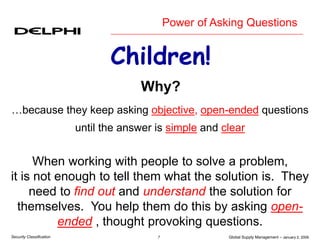 Global Supply Management – January 2, 2006
7
Security Classification
When working with people to solve a problem,
it is not enough to tell them what the solution is. They
need to find out and understand the solution for
themselves. You help them do this by asking open-
ended , thought provoking questions.
Children!
Why?
…because they keep asking objective, open-ended questions
until the answer is simple and clear
Power of Asking Questions
 