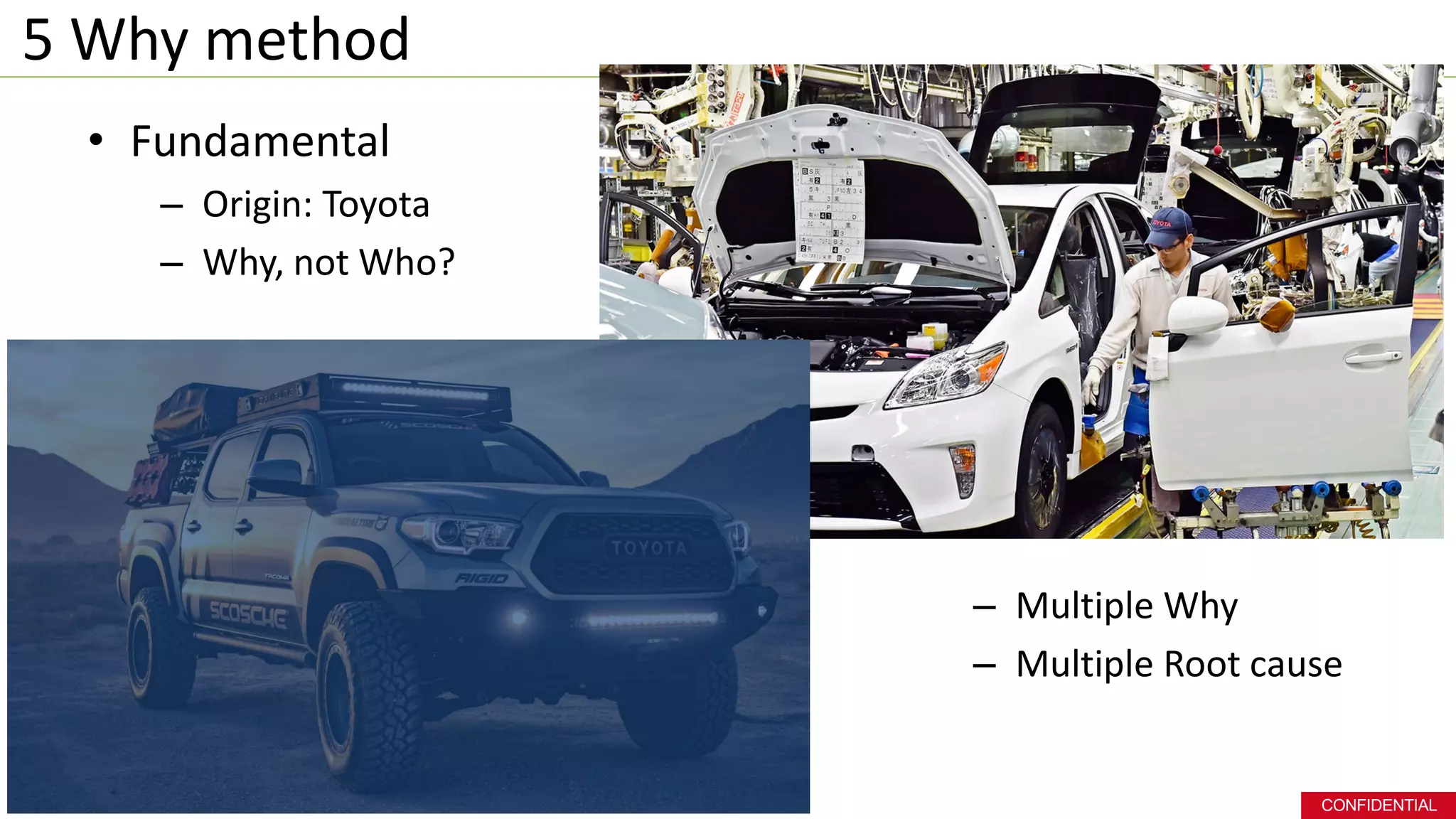 CONFIDENTIAL
5 Why method
• Fundamental
– Origin: Toyota
– Why, not Who?
9
– Multiple Why
– Multiple Root cause
 