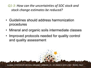 Q1-3: How can the uncertainties of SOC stock and
stock change estimates be reduced?
• Guidelines should address harmonization
procedures
• Mineral and organic soils intermediate classes
• Improved protocols needed for quality control
and quality assessment
 