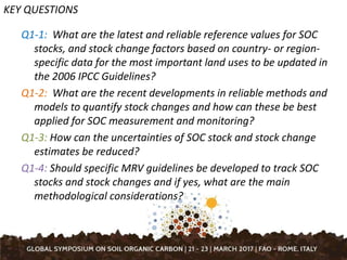 KEY QUESTIONS
Q1-1: What are the latest and reliable reference values for SOC
stocks, and stock change factors based on country- or region-
specific data for the most important land uses to be updated in
the 2006 IPCC Guidelines?
Q1-2: What are the recent developments in reliable methods and
models to quantify stock changes and how can these be best
applied for SOC measurement and monitoring?
Q1-3: How can the uncertainties of SOC stock and stock change
estimates be reduced?
Q1-4: Should specific MRV guidelines be developed to track SOC
stocks and stock changes and if yes, what are the main
methodological considerations?
 