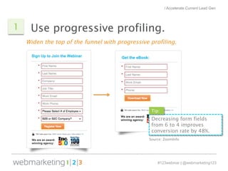 / Accelerate Current Lead Gen 
1 Use progressive profiling. 
Widen the top of the funnel with progressive profiling. 
Tip:...