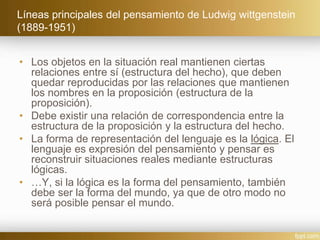 Líneas principales del pensamiento de Ludwig wittgenstein
(1889-1951)
• Los objetos en la situación real mantienen ciertas
relaciones entre sí (estructura del hecho), que deben
quedar reproducidas por las relaciones que mantienen
los nombres en la proposición (estructura de la
proposición).
• Debe existir una relación de correspondencia entre la
estructura de la proposición y la estructura del hecho.
• La forma de representación del lenguaje es la lógica. El
lenguaje es expresión del pensamiento y pensar es
reconstruir situaciones reales mediante estructuras
lógicas.
• …Y, si la lógica es la forma del pensamiento, también
debe ser la forma del mundo, ya que de otro modo no
será posible pensar el mundo.
 