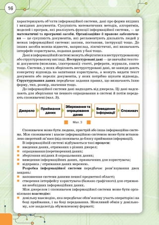 Г------------------------------1характеризую ть об’є кти інф орм аційної системи, дані про форми вхід ни х
і ви хід н и х докум ентів. С укупн ість м атем атичних методів, алгоритм ів,
моделей і програм, я к і реалізують ф у н кц ії інф ормаційної системи, — це
м атем атичні та пр огра м н і засоби. О рганізаційне й правове забезпечен­
ня — це сукуп н ість докум ентів, я к і регламентують діял ьність людей у
м еж ах інф ормаційної системи: закони, постанови, ін с т р у к ц ії тощо. До
ін ш и х засобів м ож на віднести, наприклад, л ін гв іс ти ч н і, я к і визначають
інтерфейс користувача, подання даних у базі тощо.
Д а ні в інф орм аційній системі м ож уть зберігатися в неструктурованому
або структурованом у вигляді. Н еструктуровані дані — це звичайні тексто­
ві докум енти (м ожливо, ілю стровані): статті, реферати, ж урнали, к н и ги
тощо. Системи, у я к и х зберігають неструктуровані дані, не завжди дають
ко н кр е тн у відповідь на запитання користувача, а м ож уть видати текст
документа або перелік докум ентів, у я к и х потрібно ш ука ти відповідь.
С труктурування даних передбачає задання правил, що визначаю ть їхн ю
форму, ти п, розмір, значення тощо.
До інф орм аційної системи дані надходять від джерела. Ц і дані надси­
лають для зберігання чи певного опрацю вання в системі й потім переда­
ють спож ивачеві (мал. 3).
Мал. З
Споживачем може бути людина, пристрій або інш а інформаційна систе­
ма. М іж споживачем і власне інформаційною системою може бути встанов­
лено зворотний зв’язок (від споживача до блоку приймання інформації).
В інф орм аційній системі відбуваються т а к і процеси:
введення даних, отрим аних з р ізн и х джерел;
опрацю вання (перетворення) даних;
зберігання вхід ни х й опрацьованих даних;
виведення інф орм аційних даних, призначених для користувача;
відправка / отрим ання даних мережею.
Розробка інф орм аційної системи передбачає розв’язування двох
завдань:
наповнення системи даними певної предметної області;
створення інтерф ейсу користувача (бажано граф ічного) для отрим ан­
ня необхідних інф орм аційних даних.
М іж джерелом і споживачем інф орм аційної системи може бути орга­
нізовано взаємодію:
довільну взаємодію, я ка передбачає обов’язкову участь операторів і на
боці прийм ання, і на боці передавання. М ож л и вий обмін у довільно­
му, але заздалегідь обумовленому форматі;
 