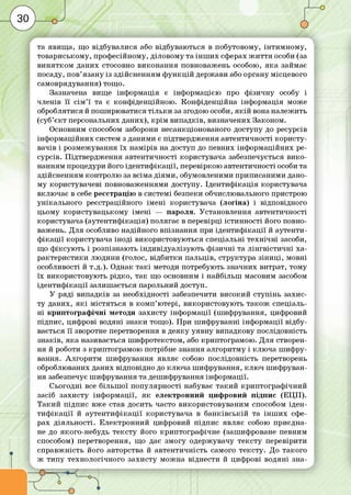та явищ а, що відбувалися або відбуваю ться в побутовому, інтим н ом у,
товариськом у, проф есійному, діловом у та ін ш и х сферах ж и т т я особи (за
в ин ятком даних стосовно в икона ння повноваж ень особою, я ка займає
посаду, пов’язану із здійсненням ф у н кц ій держави або органу м ісцевого
самоврядування) тощ о.
Зазначена вище інф ормація є інф ормацією про ф ізичну особу і
членів її с ім ’ї та є конф іденційною . Конф іденційна інф ормація може
оброблятися й пош ирю ватися тіл ь ки за згодою особи, я к ій вона належить
(суб’є кт персональних даних), кр ім випад ків, визначених Законом.
Основним способом заборони несанкціонованого доступу до ресурсів
інф орм аційних систем з даними є підтвердження автентичності ко р и сту­
вачів і розмежування їх нам ірів на доступ до певних інф орм аційних ре­
сурсів. П ідтвердж ення автентичності користувача забезпечується в и ко ­
нанням процедури його ід ен ти ф ікац ії, перевіркою автентичності особи та
здійсненням контролю за всіма діям и, обумовленими приписаним и дано­
му користувачеві повноваженням и доступу. Ід ен ти ф ікац ія користувача
вклю чає в себе реєстрацію в системі безпеки обчислювального пристрою
унікал ьно го реєстраційного ім ені користувача (логіна) і відповідного
цьому користувацьком у ім е ні — пароля. Установлення автентичності
користувача (аутентиф ікація) полягає в перевірці істи нності його повно­
важень. Д ля особливо надійного впізнання при ід ен ти ф ікац ії й аутенти-
ф іка ц ії користувача іно д і використовую ться спеціальні те х н іч н і засоби,
що ф іксую ть і розпізнаю ть інд ивід уал ізую ть ф ізичні та л ін гв іс ти ч н і ха­
рактеристики лю дини (голос, відбитки пальців, структура зін и ц і, мовні
особливості й т.д.). Однак т а к і методи потребують значних витрат, тому
їх використовую ть рід ко, та к що основним і найбільш масовим засобом
ід ен ти ф ікац ії залишається парольний доступ.
У ряді випадків за необхідності забезпечити високий ступ ін ь захис­
ту даних, я к і м істяться в ко м п ’ю тері, використовую ть та ко ж спеціаль­
н і кр и п то гр а ф іч н і методи захисту інф орм ації (ш иф рування, цифровий
підпис, циф рові водяні знаки тощ о). П ри ш иф руванні інф орм ації відбу­
вається її зворотне перетворення в деяку уявну випадкову послідовність
знаків, я ка називається ш иф ротекстом, або криптограм ою . Д ля створен­
ня й роботи з криптограм ою потрібне знання алгоритм у і кл ю ча ш иф ру­
вання. А лгоритм ш иф рування являє собою послідовність перетворень
оброблюваних даних відповідно до кл ю ча ш иф рування, кл ю ч ш иф руван­
ня забезпечує ш иф рування та деш ифрування інф ормації.
С ьогодні все більш ої популярності набуває та ки й кр и п то гр а ф ічн и й
засіб захисту інф орм ації, я к електронний циф ровий під п и с (Е Ц П ).
Т а ки й під п и с вже став досить часто використовуваним способом ід ен­
т и ф іка ц ії й а уте н ти ф іка ц ії користувача в б а н ків с ь кій та ін ш и х сфе­
рах д іял ьності. Е лектронний циф ровий під п и с являє собою приєдна­
не до якого-небудь те ксту його криптограф ічне (зашифроване певним
способом) перетворення, що дає зм огу одерж увачу те ксту перевірити
спр авж ність його авторства й автентичність самого тексту. До такого
ж ти п у те хнол огічного захисту м ож на віднести й циф рові водяні зна-
л
 