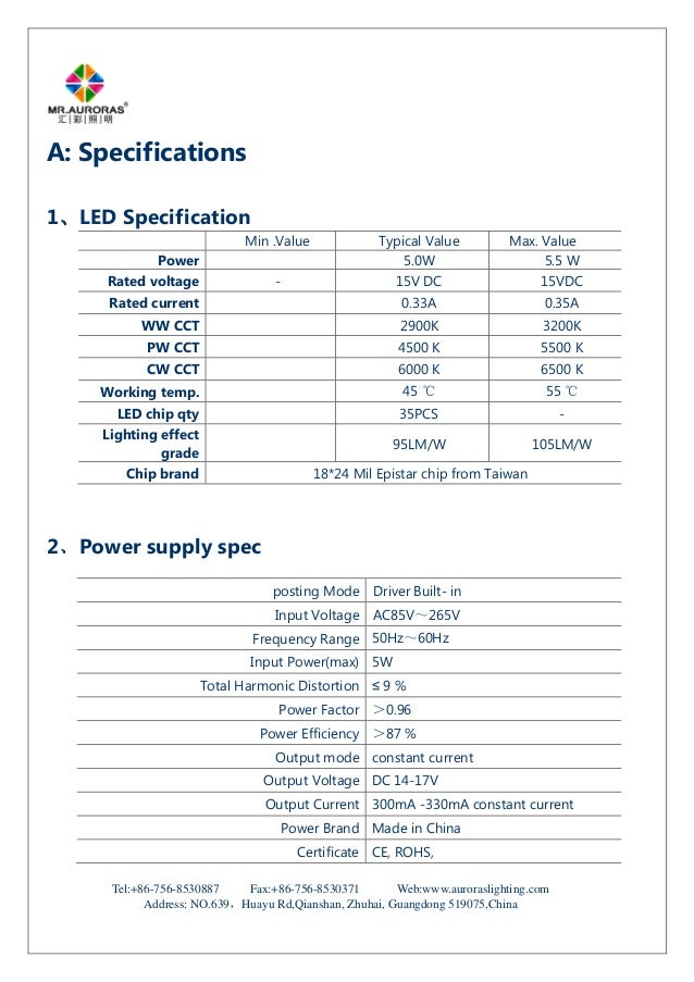 Auroras Lighting 5W LED spot light specification