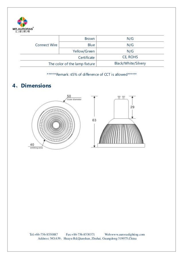 Auroras Lighting 5W LED spot light specification