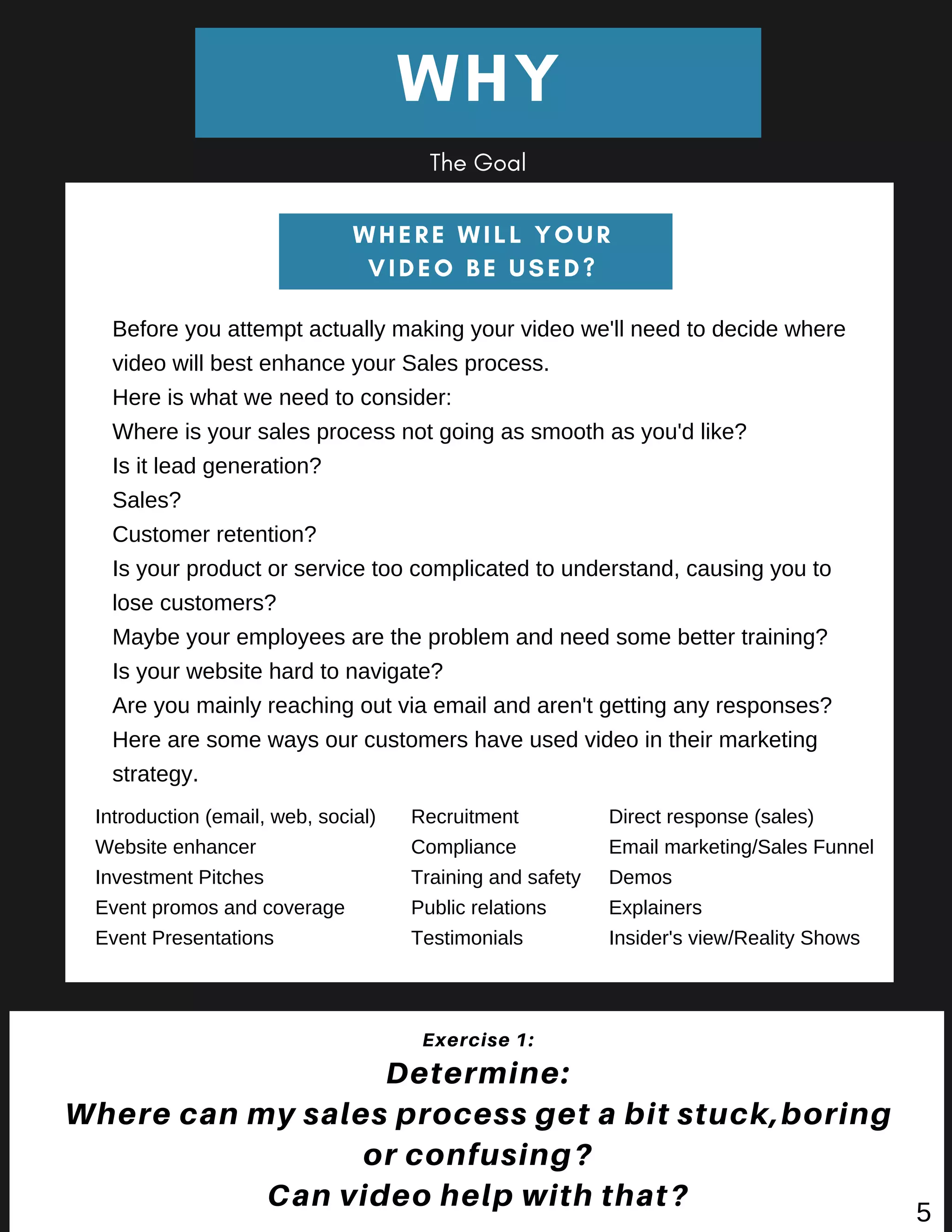 WHERE WILL YOUR
VIDEO BE USED?
WHY
Introduction (email, web, social)
Website enhancer
Investment Pitches
Event promos and coverage
Event Presentations
Exercise 1:
Determine:
Where can my sales process get a bit stuck,boring
or confusing?
Can video help with that?
Recruitment
Compliance
Training and safety
Public relations
Testimonials
Before you attempt actually making your video we'll need to decide where
video will best enhance your Sales process.
Here is what we need to consider:
Where is your sales process not going as smooth as you'd like?
Is it lead generation?
Sales?
Customer retention?
Is your product or service too complicated to understand, causing you to
lose customers?
Maybe your employees are the problem and need some better training?
Is your website hard to navigate?
Are you mainly reaching out via email and aren't getting any responses?
Here are some ways our customers have used video in their marketing
strategy.
Direct response (sales)
Email marketing/Sales Funnel
Demos
Explainers
Insider's view/Reality Shows
The Goal
45
 