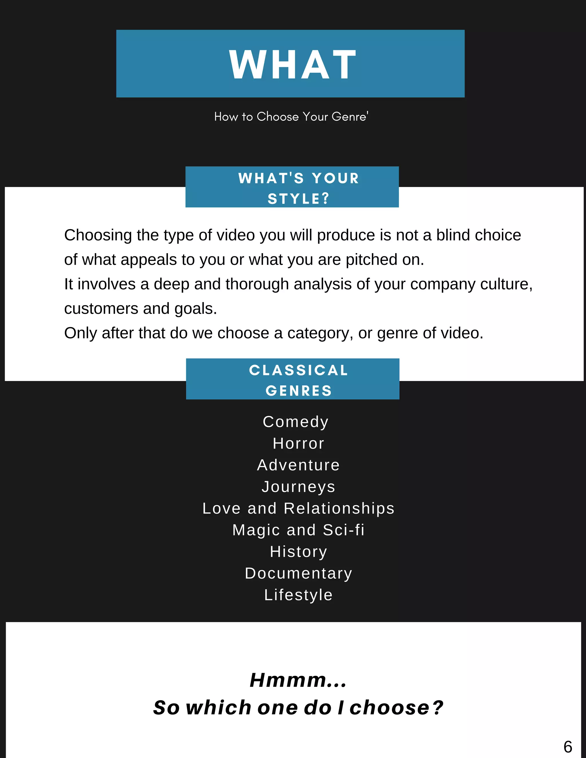 WHAT'S YOUR
STYLE?
Comedy
Horror
Adventure
Journeys
Love and Relationships
Magic and Sci-fi
History
Documentary
Lifestyle
Choosing the type of video you will produce is not a blind choice
of what appeals to you or what you are pitched on.
It involves a deep and thorough analysis of your company culture,
customers and goals.
Only after that do we choose a category, or genre of video.
CLASSICAL
GENRES
Hmmm...
So which one do I choose?
WHAT
How to Choose Your Genre'
6
 