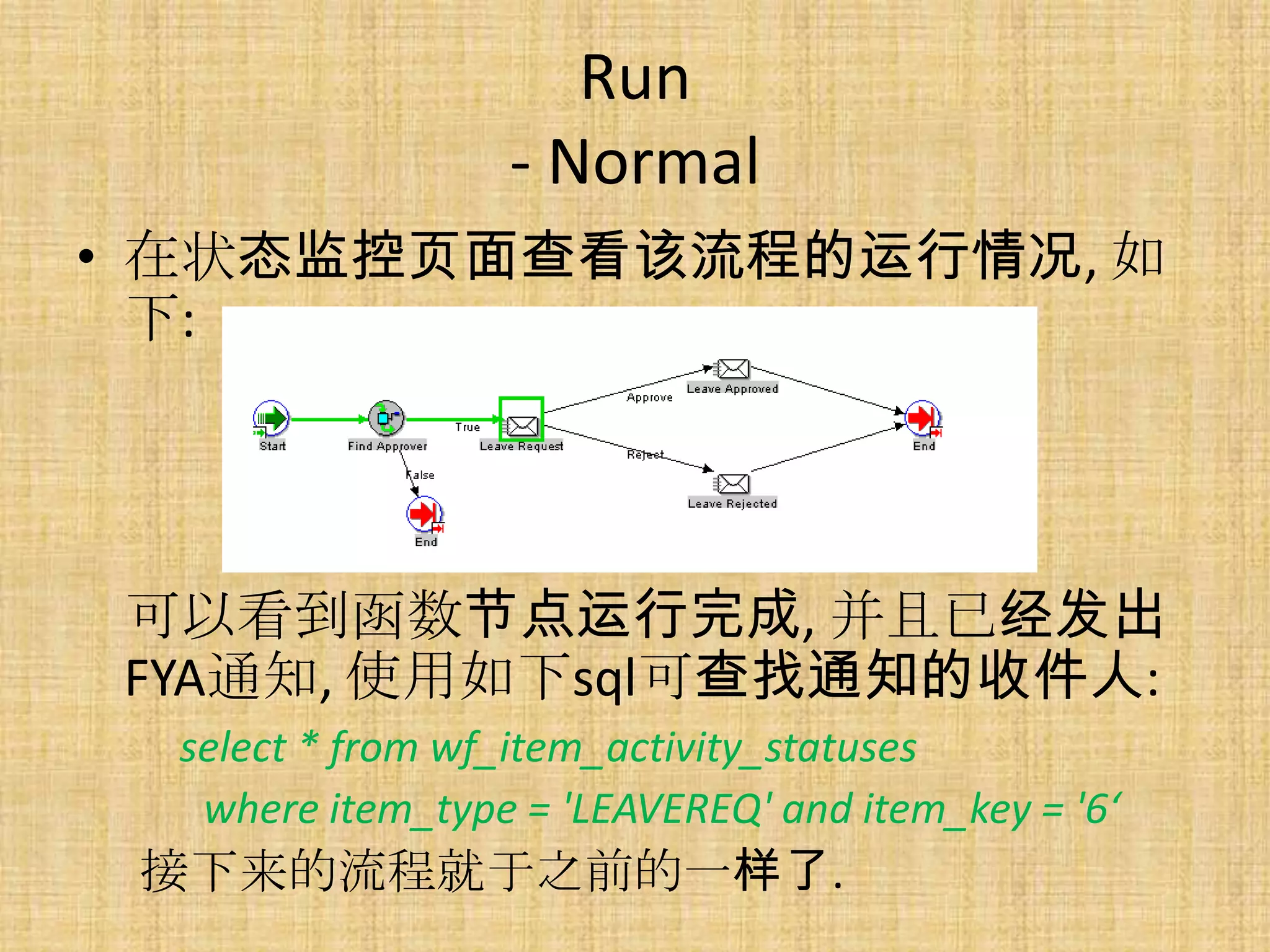 Run
                  - Normal
• 在状态监控页面查看该流程的运行情况, 如
  下:




可以看到函数节点运行完成, 并且已经发出
FYA通知, 使用如下sql可查找通知的收件人:
  select * from wf_item_activity_statuses
   where item_type = 'LEAVEREQ' and item_key = '6‘
 接下来的流程就于之前的一样了.
 