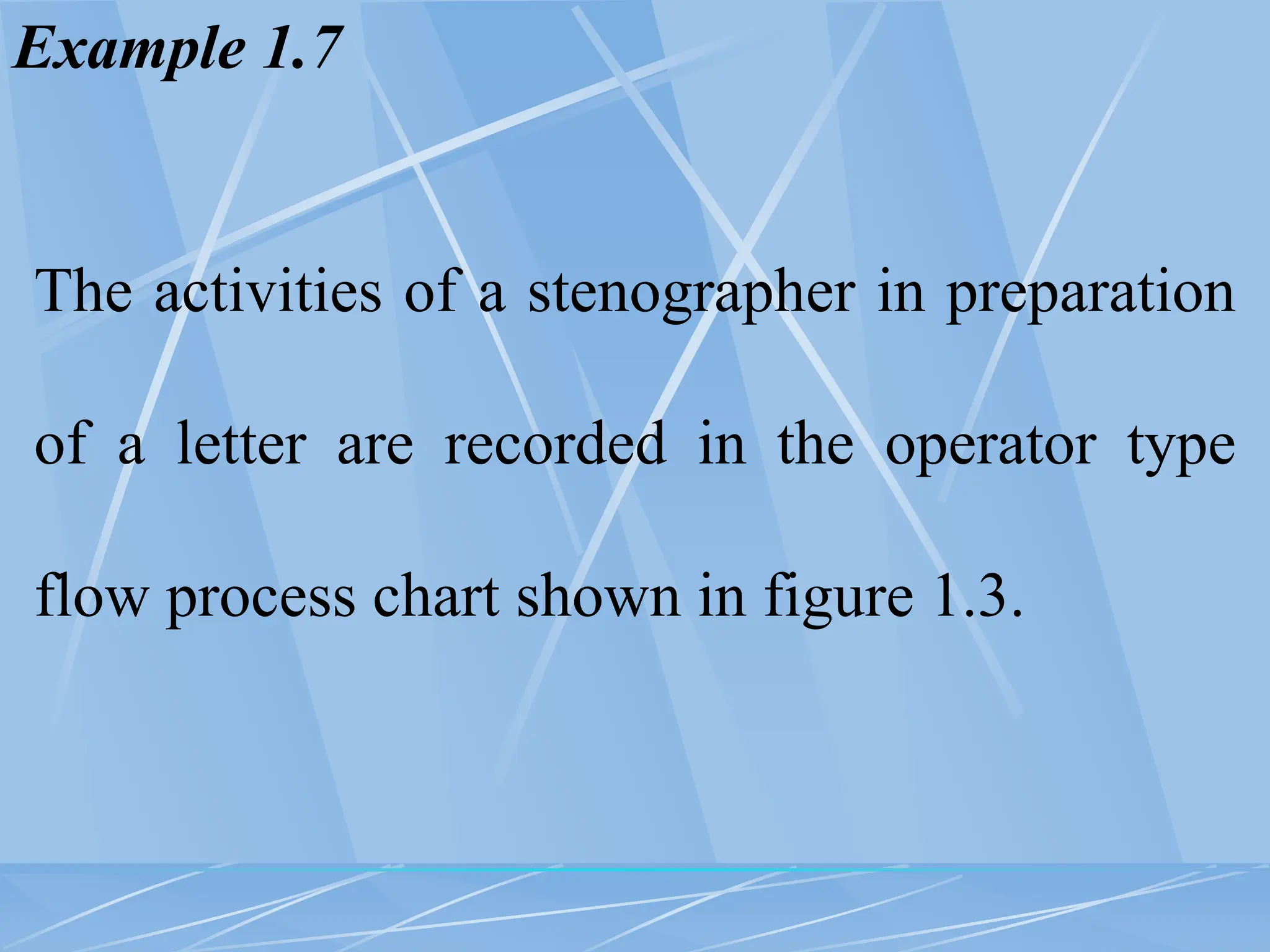 Example 1.7
The activities of a stenographer in preparation
of a letter are recorded in the operator type
flow process chart shown in figure 1.3.
 
