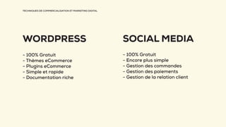 TECHNIQUES DE COMMERCIALISATION ET MARKETING DIGITAL
WORDPRESS
- 100% Gratuit
- Thèmes eCommerce
- Plugins eCommerce
- Simple et rapide
- Documentation riche
SOCIAL MEDIA
- 100% Gratuit
- Encore plus simple
- Gestion des commandes
- Gestion des paiements
- Gestion de la relation client
 