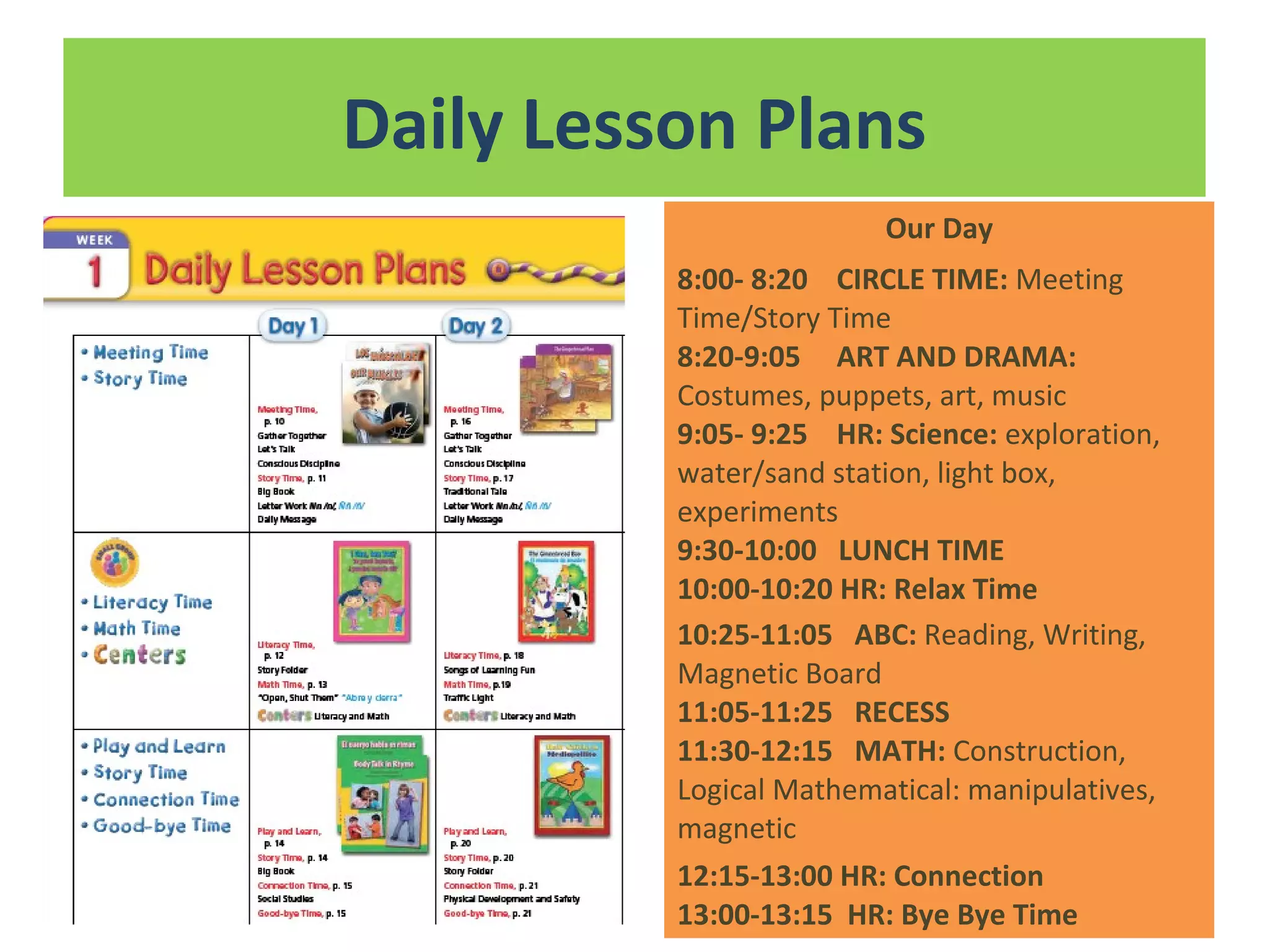 Daily Lesson Plans
Our Day
8:00- 8:20 CIRCLE TIME: Meeting
Time/Story Time
8:20-9:05 ART AND DRAMA:
Costumes, puppets, art, music
9:05- 9:25 HR: Science: exploration,
water/sand station, light box,
experiments
9:30-10:00 LUNCH TIME
10:00-10:20 HR: Relax Time
10:25-11:05 ABC: Reading, Writing,
Magnetic Board
11:05-11:25 RECESS
11:30-12:15 MATH: Construction,
Logical Mathematical: manipulatives,
magnetic
12:15-13:00 HR: Connection
13:00-13:15 HR: Bye Bye Time
 