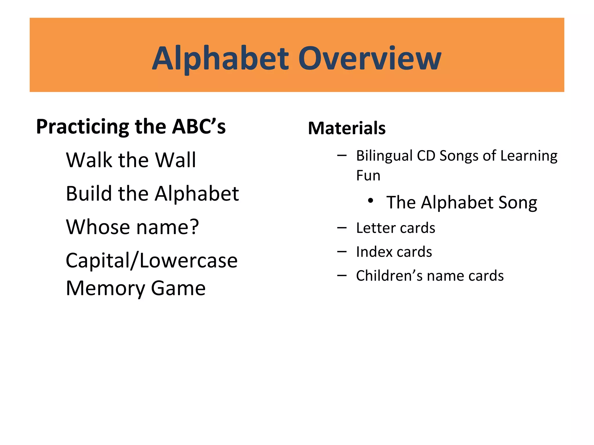 Alphabet Overview
Practicing the ABC’s
Walk the Wall
Build the Alphabet
Whose name?
Capital/Lowercase
Memory Game
Materials
– Bilingual CD Songs of Learning
Fun
• The Alphabet Song
– Letter cards
– Index cards
– Children’s name cards
 