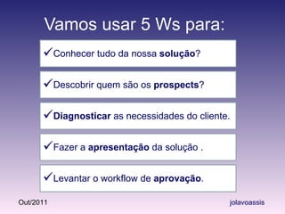 Vamos usar 5 Ws para: Levantar o workflow de  aprovação . Conhecer tudo da nossa  solução ?  Descobrir quem são os  prospects ? Diagnosticar  as necessidades do cliente. Fazer a  apresentação  da solução . 