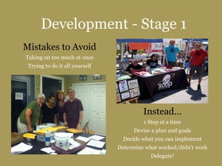 Development - Stage 1
Mistakes to Avoid
Taking on too much at once
Trying to do it all yourself
Instead...
1 Step at a time
Devise a plan and goals
Decide what you can implement
Determine what worked/didn't work
Delegate!
 