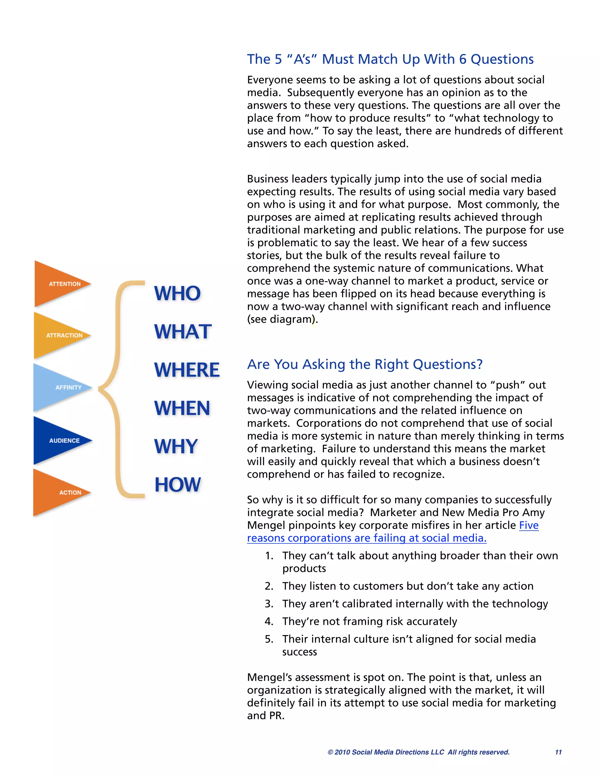 The 5 “A’s” Must Match Up With 6 Questions
        Everyone seems to be asking a lot of questions about social
        media.  Subsequently everyone has an opinion as to the
        answers to these very questions. The questions are all over the
        place from “how to produce results” to “what technology to
        use and how.” To say the least, there are hundreds of different
        answers to each question asked.


        Business leaders typically jump into the use of social media
        expecting results. The results of using social media vary based
        on who is using it and for what purpose. Most commonly, the
        purposes are aimed at replicating results achieved through
        traditional marketing and public relations. The purpose for use




{
        is problematic to say the least. We hear of a few success
        stories, but the bulk of the results reveal failure to
        comprehend the systemic nature of communications. What
        once was a one-way channel to market a product, service or
WHO     message has been ﬂipped on its head because everything is
        now a two-way channel with signiﬁcant reach and inﬂuence
        (see diagram).
WHAT
WHERE   Are You Asking the Right Questions?
        Viewing social media as just another channel to “push” out
        messages is indicative of not comprehending the impact of
WHEN    two-way communications and the related inﬂuence on
        markets.  Corporations do not comprehend that use of social
        media is more systemic in nature than merely thinking in terms
WHY     of marketing.  Failure to understand this means the market
        will easily and quickly reveal that which a business doesn’t
        comprehend or has failed to recognize.
HOW
        So why is it so difﬁcult for so many companies to successfully
        integrate social media? Marketer and New Media Pro Amy
        Mengel pinpoints key corporate misﬁres in her article Five
        reasons corporations are failing at social media.
           1. They can’t talk about anything broader than their own
              products
           2. They listen to customers but don’t take any action
           3. They aren’t calibrated internally with the technology
           4. They’re not framing risk accurately
           5. Their internal culture isn’t aligned for social media
              success

        Mengel’s assessment is spot on. The point is that, unless an
        organization is strategically aligned with the market, it will
        deﬁnitely fail in its attempt to use social media for marketing
        and PR.


                        © 2010 Social Media Directions LLC All rights reserved.
   11
 