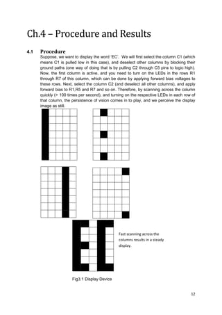 12
Ch.4 – Procedure and Results
4.1 Procedure
Suppose, we want to display the word ‘EC’. We will first select the column C1 (which
means C1 is pulled low in this case), and deselect other columns by blocking their
ground paths (one way of doing that is by pulling C2 through C5 pins to logic high).
Now, the first column is active, and you need to turn on the LEDs in the rows R1
through R7 of this column, which can be done by applying forward bias voltages to
these rows. Next, select the column C2 (and deselect all other columns), and apply
forward bias to R1,R5 and R7 and so on. Therefore, by scanning across the column
quickly (> 100 times per second), and turning on the respective LEDs in each row of
that column, the persistence of vision comes in to play, and we perceive the display
image as still.
Fig3.1 Display Device
Fast scanning across the
columns results in a steady
display.
 