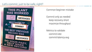 20
Let’s commit, just to be safe, right?
Common beginner mistake
Commit only as needed
keep recovery short
maximize throughput
Metrics to validate
commit-rate
commit-latency-avg
MESSAGES
COMMIT
MESSAGES
 