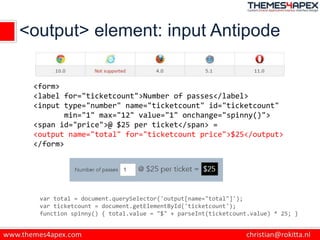 <output> element: input Antipode
<form>
<label for="ticketcount">Number of passes</label>
<input type="number" name="ticketcount" id="ticketcount"
min="1" max="12" value="1" onchange="spinny()">
<span id="price">@ $25 per ticket</span> =
<output name="total" for="ticketcount price">$25</output>
</form>
var total = document.querySelector('output[name="total"]');
var ticketcount = document.getElementById('ticketcount');
function spinny() { total.value = "$" + parseInt(ticketcount.value) * 25; }
 