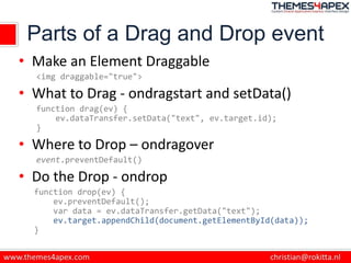Parts of a Drag and Drop event
• Make an Element Draggable
<img draggable="true">
• What to Drag - ondragstart and setData()
function drag(ev) {
ev.dataTransfer.setData("text", ev.target.id);
}
• Where to Drop – ondragover
event.preventDefault()
• Do the Drop - ondrop
function drop(ev) {
ev.preventDefault();
var data = ev.dataTransfer.getData("text");
ev.target.appendChild(document.getElementById(data));
}
 
