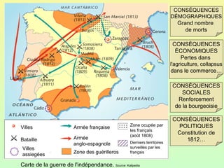 Carte de la guerre de l'indépendance.  Source: Kalipedia Villes Bataille Villes assiegées Armée française Armée  anglo-espagnole Zone des guérilleros Zone ocupée par les français  (août 1808) Derniers territoires surveillés par les français CONSÉQUENCES DÉMOGRAPHIQUES Grand nombre  de morts CONSÉQUENCES ÉCONOMIQUES Pertes dans  l'agriculture, collapsus dans le commerce… CONSÉQUENCES SOCIALES Renforcement de la bourgeoisie CONSÉQUENCES POLITIQUES Constitution de 1812… 