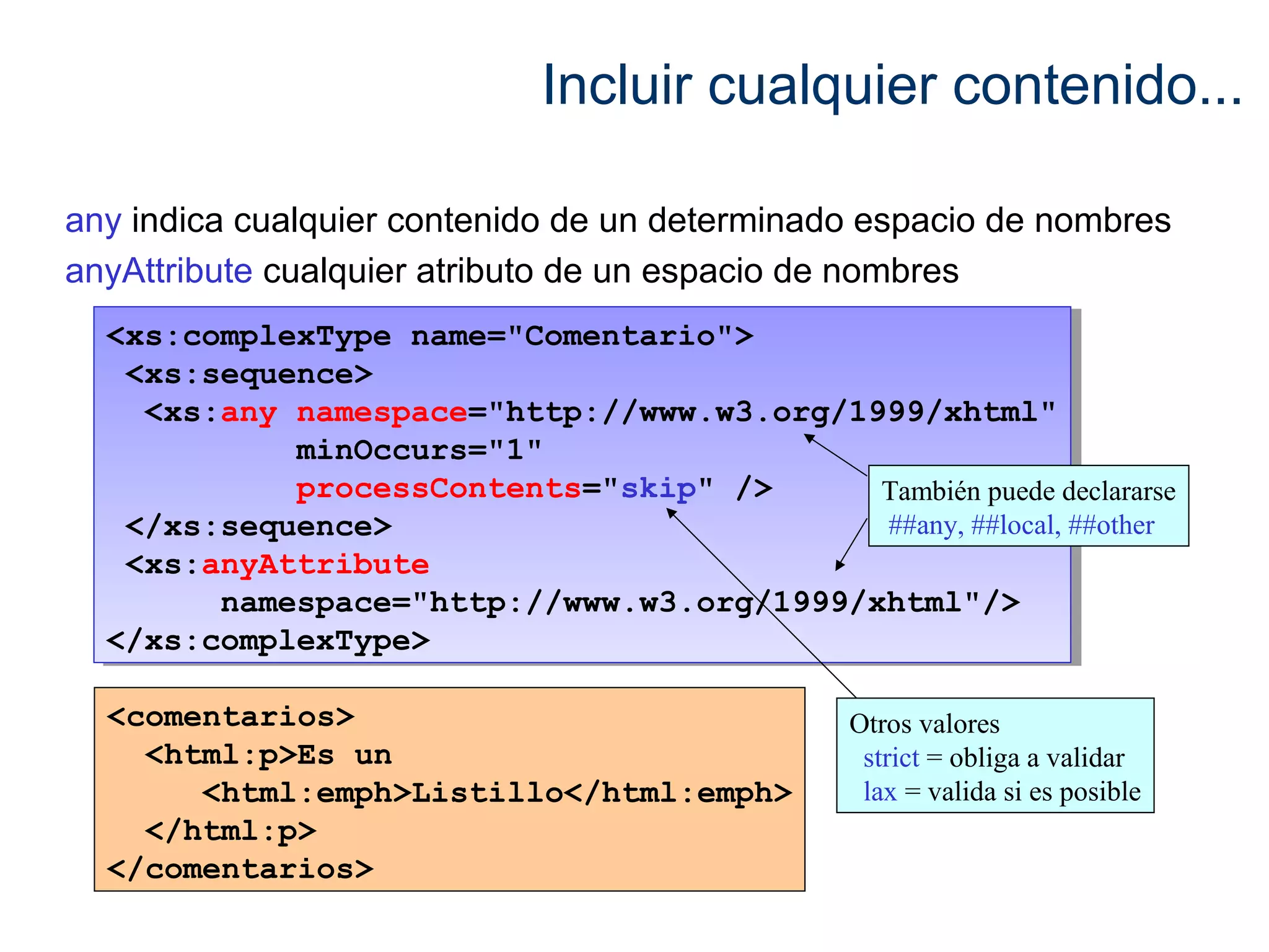 Incluir cualquier contenido... 
any indica cualquier contenido de un determinado espacio de nombres 
anyAttribute cualquier atributo de un espacio de nombres 
<xs:complexType name="Comentario"> 
<xs:sequence> 
<xs:complexType name="Comentario"> 
<xs:sequence> 
<xs:any namespace="http://www.w3.org/1999/xhtml" 
<xs:any namespace="http://www.w3.org/1999/xhtml" 
minOccurs="1" 
processContents="skip" /> 
minOccurs="1" 
processContents="skip" /> 
</xs:sequence> 
<xs:anyAttribute 
</xs:sequence> 
<xs:anyAttribute 
namespace="http://www.w3.org/1999/xhtml"/> 
namespace="http://www.w3.org/1999/xhtml"/> 
</xs:complexType> 
</xs:complexType> 
<comentarios> 
<html:p>Es un 
<html:emph>Listillo</html:emph> 
</html:p> 
</comentarios> 
También puede declararse 
##any, ##local, ##other 
Otros valores 
strict = obliga a validar 
lax = valida si es posible 
 