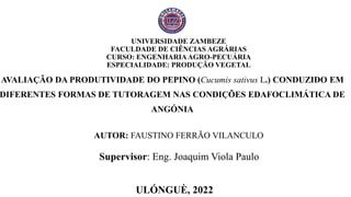 UNIVERSIDADE ZAMBEZE
FACULDADE DE CIÊNCIAS AGRÁRIAS
CURSO: ENGENHARIAAGRO-PECUÁRIA
ESPECIALIDADE: PRODUÇÃO VEGETAL
AVALIAÇÃO DA PRODUTIVIDADE DO PEPINO (Cucumis sativus L.) CONDUZIDO EM
DIFERENTES FORMAS DE TUTORAGEM NAS CONDIÇÕES EDAFOCLIMÁTICA DE
ANGÓNIA
ULÓNGUÈ, 2022
Supervisor: Eng. Joaquim Viola Paulo
AUTOR: FAUSTINO FERRÃO VILANCULO
 