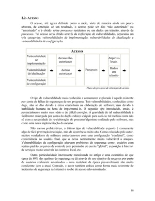 10
2.2- ACESSO
O acesso, até agora definido como o meio, visto de maneira ainda um pouco
abstrata, de obtenção de um resultado, o acesso pode ser dito “não autorizado” ou
“autorizado” e é obtido sobre processos residentes ou em dados em trânsito, através de
processos. Tal acesso seria obtido através da exploração de vulnerabilidades, separadas em
três categorias: vulnerabilidades de implementação, vulnerabilidades de idealização e
vulnerabilidades de configuração.
AACCEESSSSOO
Vulnerabilidade
de
implementação
Acesso não-
autorizado
Arquivos
locais
Vulnerabilidade
de idealização
Acesso
autorizado
Dados
em
trânsito
Vulnerabilidade
de configuração
Processos
Fluxo do processo de obtenção de acesso
O tipo de vulnerabilidade mais conhecido e comumente explorado é aquele existente
por conta de falhas de seguranças de um programa. Tais vulnerabilidades, conhecidas como
bugs, não se dão devido a erros conceituais na elaboração do software, mas devido à
inabilidade humana na hora de implementá-lo. O segundo tipo introduzido, então, é
potencialmente muito mais sério e de difícil correção. A gravidade de tal vulnerabilidade é
facilmente enxergada por conta do duplo esforço exigido para saná-la: tal medida conta não
só com a necessidade de re-elaboração do processo/algoritmo realizado pelo software, mas
como uma nova implementação do mesmo.
Não menos problemático, o último tipo de vulnerabilidade exposto é comumente
algo de fácil prevenção/resolução, mas de ocorrência muito alta. Como colocado pelo autor,
muitos vendedores de software embarcam-nos com uma configuração “confiável”, como
conveniência ao usuário final, que o deixa normalmente muito vulnerável a ataques.
Vulnerabilidades de configuração abarcam problemas de segurança como: usuários com
senhas padrão, arquivos de controle com permissão de escrita “global”, exposição à Internet
de serviços muito sensíveis ao contexto local, etc.
Outra particularidade interessante mencionada no artigo é uma estimativa de que
cerca de 80% das quebras de segurança se dá através do uso abusivo de recursos por parte
de usuários realmente autorizados – uma realidade da época provavelmente não muito
condizente com a atual. Contudo, o autor também coloca como forma mais ocorrente de
incidentes de segurança na Internet o roubo de acesso não-autorizado.
 
