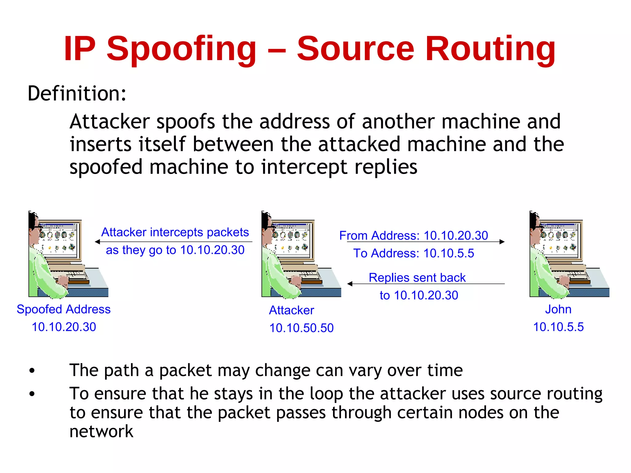 Definition:
Attacker spoofs the address of another machine and
inserts itself between the attacked machine and the
spoofed machine to intercept replies
IP Spoofing – Source Routing
Replies sent back
to 10.10.20.30
Spoofed Address
10.10.20.30
Attacker
10.10.50.50
John
10.10.5.5
From Address: 10.10.20.30
To Address: 10.10.5.5
• The path a packet may change can vary over time
• To ensure that he stays in the loop the attacker uses source routing
to ensure that the packet passes through certain nodes on the
network
Attacker intercepts packets
as they go to 10.10.20.30
 