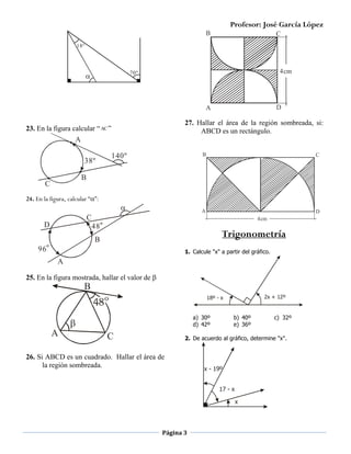 Profesor: José García López
B

C

18°

4cm

70°



D

A

27. Hallar el área de la región sombreada, si:
ABCD es un rectángulo.

23. En la figura calcular “ AC ”

A
38º

140º

B



A

C

B

C

24. En la figura, calcular “”:

D

C
D

4cm

48 º

Trigonometría

B
96 º

1. Calcule "x" a partir del gráfico.

A
25. En la figura mostrada, hallar el valor de 

B
2x + 12º

18º - x

a) 30º
d) 42º


A

C

b) 40º
e) 36º

c) 32º

2. De acuerdo al gráfico, determine "x".

26. Si ABCD es un cuadrado. Hallar el área de
la región sombreada.

x - 19º
17 - x
x

Página 3

 