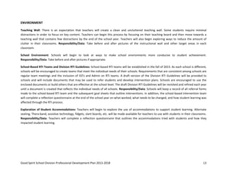Good Spirit School Division Professional Development Plan 2013-2018 13
ENVIRONMENT
Teaching Wall: There is an expectation that teachers will create a clean and uncluttered teaching wall. Some students require minimal
distractions in order to focus on key content. Teachers can begin this process by focusing on their teaching board and then move towards a
teaching wall that contains few distractions by the end of the school year. Teachers will also begin exploring ways to reduce the amount of
clutter in their classrooms. Responsibility/Data: Take before and after pictures of the instructional wall and other target areas in each
classroom.
School Environment: Schools will begin to look at ways to make school environments more conducive to student achievement.
Responsibility/Data: Take before and after pictures if appropriate.
School-Based RTI Teams and Division RTI Guidelines: School-based RTI teams will be established in the fall of 2013. As each school is different,
schools will be encouraged to create teams that meet the individual needs of their schools. Requirements that are consistent among schools are
regular team meetings and the inclusion of SSTs and Admin on RTI teams. A draft version of the Division RTI Guidelines will be provided to
schools and will include documents that may be used to refer students and develop intervention plans. Schools are encouraged to use the
enclosed documents or build others that are effective at the school level. The draft Division RTI Guidelines will be revisited and refined each year
until a document is created that reflects the individual needs of all schools. Responsibility/Data: Schools will keep a record of all referral forms
made to the school-based RTI team and the subsequent goal sheets that outline interventions. In addition, the school-based intervention team
will complete a reflection questionnaire at the end of the school year on what worked, what needs to be changed, and how student learning was
affected through the RTI process.
Exploration of Student Accommodations: Teachers will begin to explore the use of accommodations to support student learning. Alternate
seating, Thera-band, assistive technology, fidgets, slant boards, etc. will be made available for teachers to use with students in their classrooms.
Responsibility/Data: Teachers will complete a reflection questionnaire that outlines the accommodations tried with students and how they
impacted student learning.
 