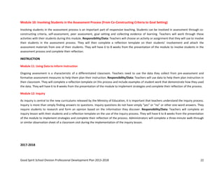 Good Spirit School Division Professional Development Plan 2013-2018 22
Module 10: Involving Students in the Assessment Process (From Co-Constructing Criteria to Goal Setting)
Involving students in the assessment process is an important part of responsive teaching. Students can be involved in assessment through co-
constructing criteria, self-assessment, peer assessment, goal setting and collecting evidence of learning. Teachers will work through these
activities with their students during this module. Responsibility/Data: Teachers will choose an activity or assignment that they will use to involve
their students in the assessment process. They will then complete a reflection template on their students’ involvement and attach the
assessment materials from one of their students. They will have 6 to 8 weeks from the presentation of the module to involve students in the
assessment process and complete their reflection.
INSTRUCTION
Module 11: Using Data to Inform Instruction
Ongoing assessment is a characteristic of a differentiated classroom. Teachers need to use the data they collect from pre-assessment and
formative assessment measures to help them plan their instruction. Responsibility/Data: Teachers will use data to help them plan instruction in
their classroom. They will complete a reflection template on this process and include examples of student work that demonstrate how they used
the data. They will have 6 to 8 weeks from the presentation of the module to implement strategies and complete their reflection of the process.
Module 12: Inquiry
As inquiry is central to the new curriculums released by the Ministry of Education, it is important that teachers understand the inquiry process.
Inquiry is more than simply finding answers to questions. Inquiry questions do not have simply “yes” or “no” or other one-word answers. They
require students to research and form an opinion based on the information they discover. Responsibility/Data: Teachers will complete an
inquiry lesson with their students and a reflection template on the use of the inquiry process. They will have 6 to 8 weeks from the presentation
of the module to implement strategies and complete their reflection of the process. Administrators will complete a three-minute walk-through
or similar observation sheet of a classroom visit during the implementation of the inquiry lesson.
2017-2018
 