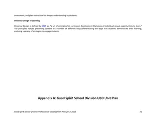 Good Spirit School Division Professional Development Plan 2013-2018 26
assessment, and plan instruction for deeper understanding by students.
Universal Design of Learning
Universal Design is defined by CAST as, “a set of principles for curriculum development that gives all individuals equal opportunities to learn.”
The principles include presenting content in a number of different ways,differentiating the ways that students demonstrate their learning,
andusing a variety of strategies to engage students.
Appendix A: Good Spirit School Division UbD Unit Plan
 