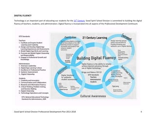 Good Spirit School Division Professional Development Plan 2013-2018 4
DIGITAL FLUENCY
Technology is an important part of educating our students for the 21st
Century. Good Spirit School Division is committed to building the digital
fluency of teachers, students, and administrators. Digital fluency is incorporated into all aspects of the Professional Development Continuum.
 