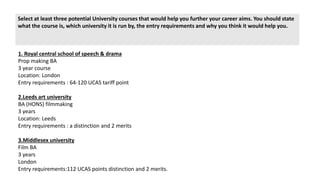 Select at least three potential University courses that would help you further your career aims. You should state
what the course is, which university it is run by, the entry requirements and why you think it would help you.
1. Royal central school of speech & drama
Prop making BA
3 year course
Location: London
Entry requirements : 64-120 UCAS tariff point
2.Leeds art university
BA (HONS) filmmaking
3 years
Location: Leeds
Entry requirements : a distinction and 2 merits
3.Middlesex university
Film BA
3 years
London
Entry requirements:112 UCAS points distinction and 2 merits.
 