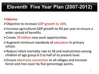 Eleventh Five Year Plan (2007-2012)
Objective
Objective to increase GDP growth to 10%.
Increase agricultural GDP growth to 4% per year to ensure a
wider spread of benefits.
Create 70 million new work opportunities.
Augment minimum standards of education in primary
school.
Reduce infant mortality rate to 28 and malnutrition among
children of age group 0-3 to half of its present level.
Ensure electricity connection to all villages and increase
forest and tree cover by five percentage points.
28
 