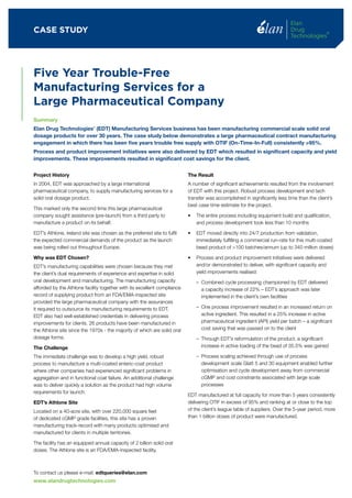 CASE STUDY




Five Year Trouble-Free
Manufacturing Services for a
Large Pharmaceutical Company
Summary
Elan Drug Technologies’ (EDT) Manufacturing Services business has been manufacturing commercial scale solid oral
dosage products for over 30 years. The case study below demonstrates a large pharmaceutical contract manufacturing
engagement in which there has been five years trouble free supply with OTIF (On-Time-In-Full) consistently >95%.
Process and product improvement initiatives were also delivered by EDT which resulted in significant capacity and yield
improvements. These improvements resulted in significant cost savings for the client.


Project History                                                           The Result
In 2004, EDT was approached by a large international                      A number of significant achievements resulted from the involvement
pharmaceutical company, to supply manufacturing services for a            of EDT with this project. Robust process development and tech
solid oral dosage product.                                                transfer was accomplished in significantly less time than the client’s
                                                                          best case time estimate for the project.
This marked only the second time this large pharmaceutical
company sought assistance (pre-launch) from a third party to              •	 	 he	entire	process	including	equipment	build	and	qualification,	
                                                                             T
manufacture a product on its behalf.                                         and process development took less than 10 months

EDT’s Athlone, Ireland site was chosen as the preferred site to fulfil    •	 	 DT	moved	directly	into	24/7	production	from	validation,	
                                                                             E
the expected commercial demands of the product as the launch                 immediately fulfilling a commercial run-rate for this multi-coated
was being rolled out throughout Europe.                                      bead product of >100 batches/annum (up to 340 million doses)

Why was EDT Chosen?                                                       •	 	 rocess	and	product	improvement	initiatives	were	delivered	
                                                                             P
EDT’s manufacturing capabilities were chosen because they met                and/or demonstrated to deliver, with significant capacity and
the client’s dual requirements of experience and expertise in solid          yield improvements realised:
oral development and manufacturing. The manufacturing capacity                – Combined cycle processing championed by EDT delivered
afforded by the Athlone facility together with its excellent compliance         a capacity increase of 22% – EDT’s approach was later
record of supplying product from an FDA/EMA-inspected site                      implemented in the client’s own facilities
provided the large pharmaceutical company with the assurances
it required to outsource its manufacturing requirements to EDT.               – One process improvement resulted in an increased return on
EDT also had well-established credentials in delivering process                 active ingredient. This resulted in a 25% increase in active
improvements for clients. 26 products have been manufactured in                 pharmaceutical ingredient (API) yield per batch – a significant
the Athlone site since the 1970s - the majority of which are solid oral         cost saving that was passed on to the client
dosage forms.                                                                 – Through EDT’s reformulation of the product, a significant
The Challenge                                                                   increase in active loading of the bead of 35.5% was gained

The immediate challenge was to develop a high yield, robust                   – Process scaling achieved through use of process
process to manufacture a multi-coated enteric-coat product                      development scale Glatt 5 and 30 equipment enabled further
where other companies had experienced significant problems in                   optimisation and cycle development away from commercial
aggregation and in functional coat failure. An additional challenge             cGMP and cost constraints associated with large scale
was to deliver quickly a solution as the product had high volume                processes
requirements for launch.
                                                                          EDT manufactured at full capacity for more than 5 years consistently
EDT’s Athlone Site                                                        delivering OTIF in excess of 95% and ranking at or close to the top
Located on a 40-acre site, with over 220,000 square feet                  of the client’s league table of suppliers. Over the 5-year period, more
of dedicated cGMP grade facilities, this site has a proven                than 1 billion doses of product were manufactured.
manufacturing track-record with many products optimised and
manufactured for clients in multiple territories.

The facility has an equipped annual capacity of 2 billion solid oral
doses. The Athlone site is an FDA/EMA-inspected facility.



To contact us please e-mail: edtqueries@elan.com
www.elandrugtechnologies.com
 